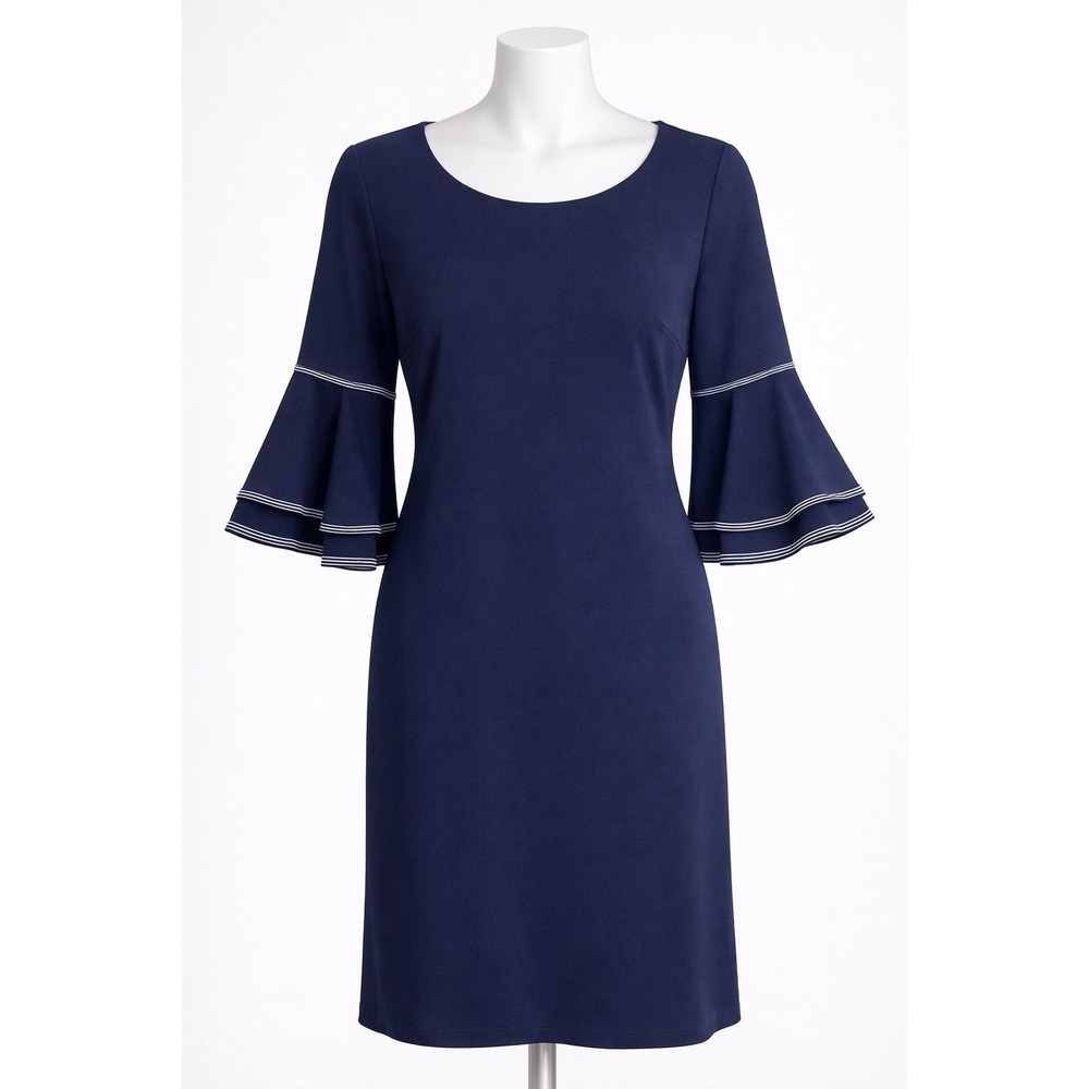 Sharagano Navy Bell Sleeve Dress Womens 8 Sheath‎ Stretch Work Career Office